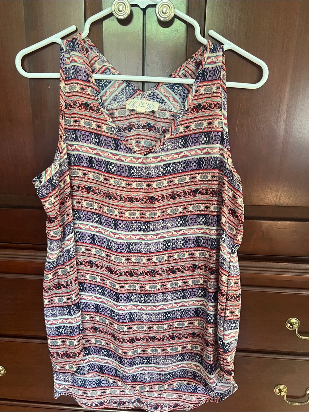 Pink Rose Striped Ethnic Print Tank Top - Red & Blue